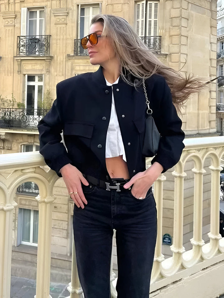 Women's Woven Bomber Jacket with Snap Closure and Ribbed Finish
