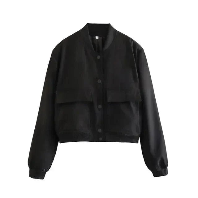 Women's Woven Bomber Jacket with Snap Closure and Ribbed Finish