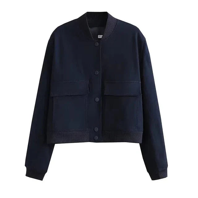 Women's Woven Bomber Jacket with Snap Closure and Ribbed Finish