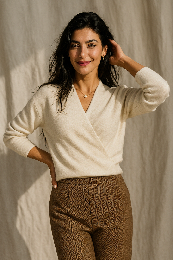 Women's Knit Wrap Sweater with V-Neck and Ribbed Hem