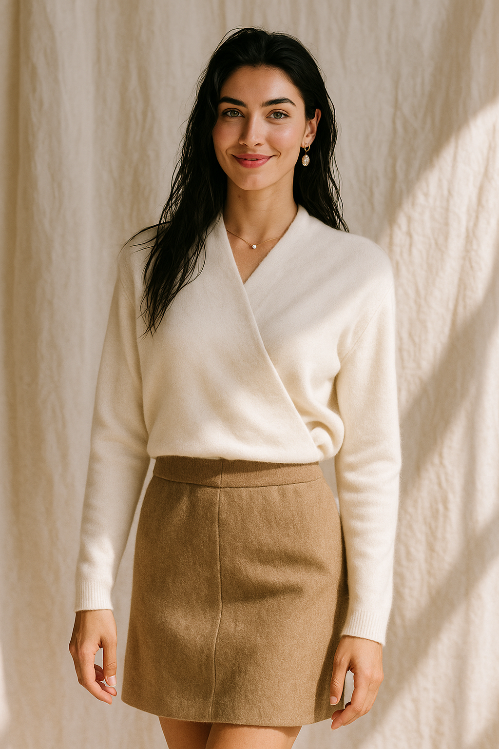 Women's Knit Wrap Sweater with V-Neck and Ribbed Hem