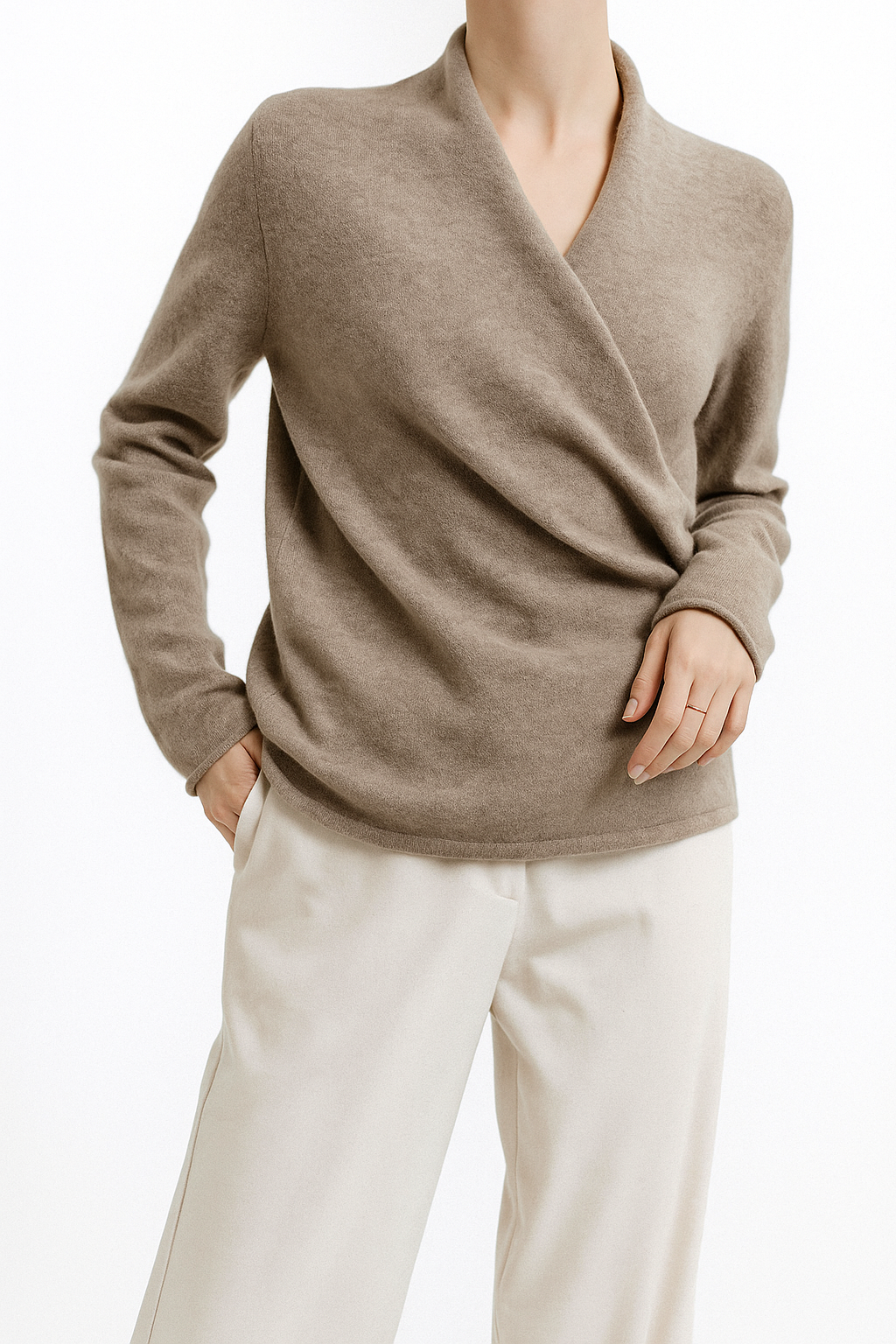 Women's Knit Wrap Sweater with V-Neck and Ribbed Hem