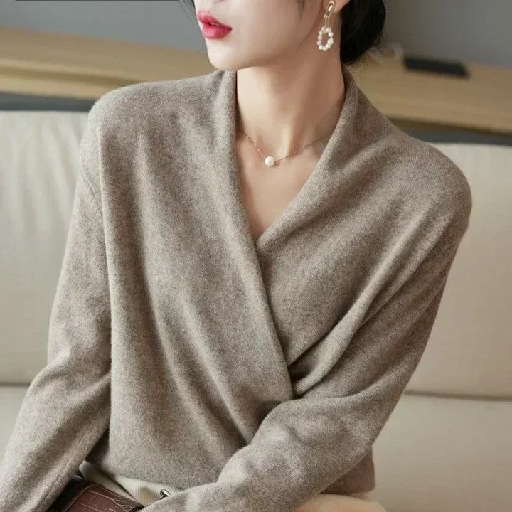 Women's Knit Wrap Sweater with V-Neck and Ribbed Hem