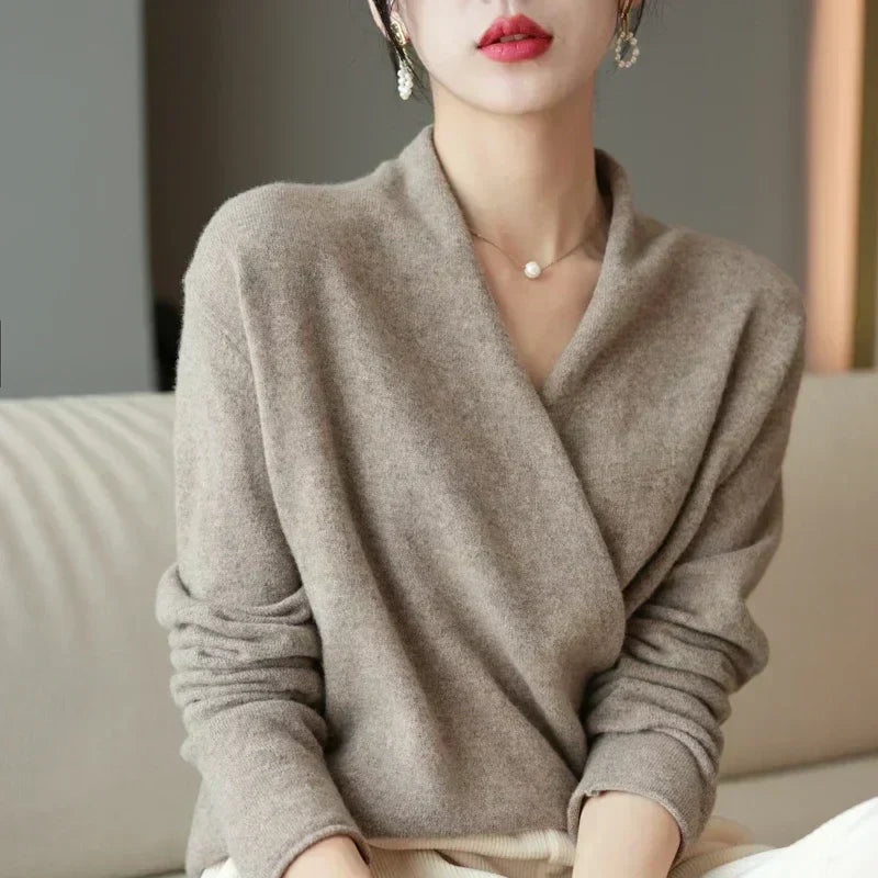 Women's Knit Wrap Sweater with V-Neck and Ribbed Hem