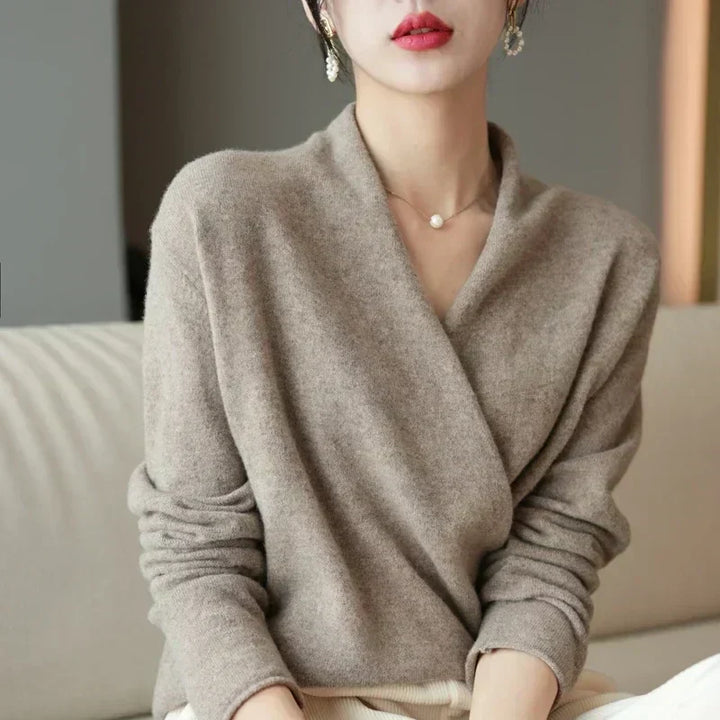 Women's Knit Wrap Sweater with V-Neck and Ribbed Hem