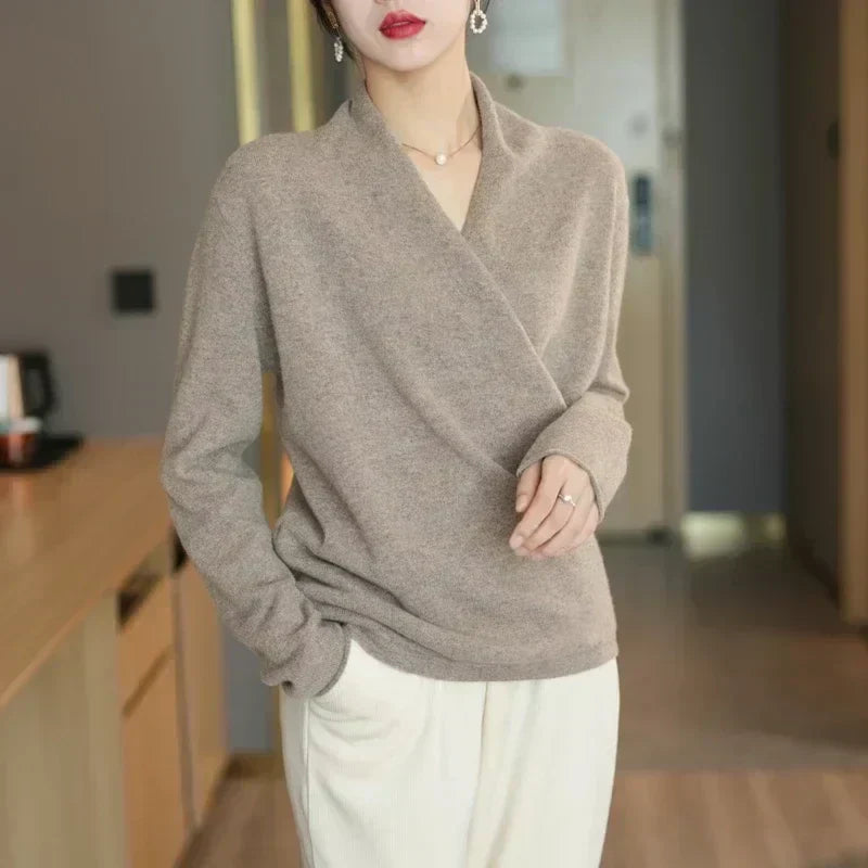 Women's Knit Wrap Sweater with V-Neck and Ribbed Hem