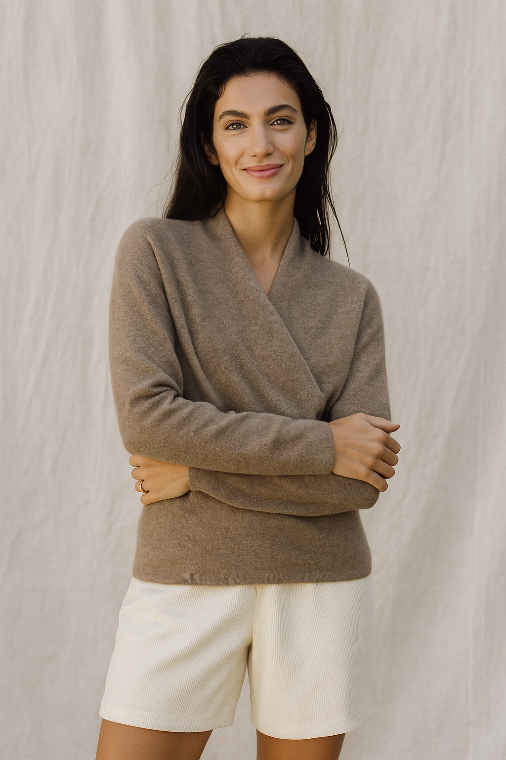 Women's Knit Wrap Sweater with V-Neck and Ribbed Hem