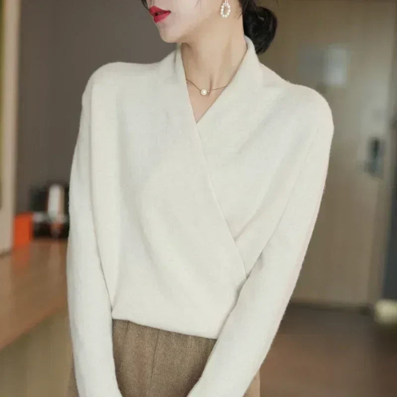 Women's Knit Wrap Sweater with V-Neck and Ribbed Hem