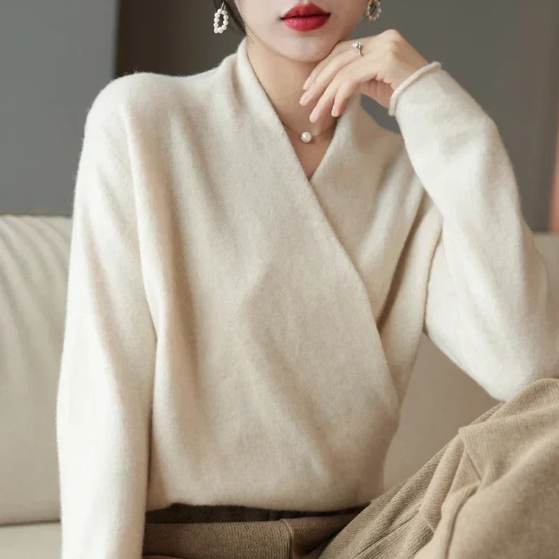 Women's Knit Wrap Sweater with V-Neck and Ribbed Hem