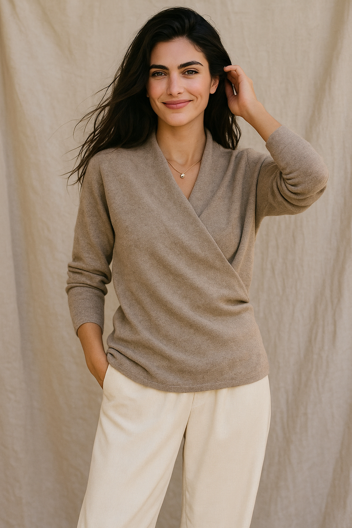 Women's Knit Wrap Sweater with V-Neck and Ribbed Hem