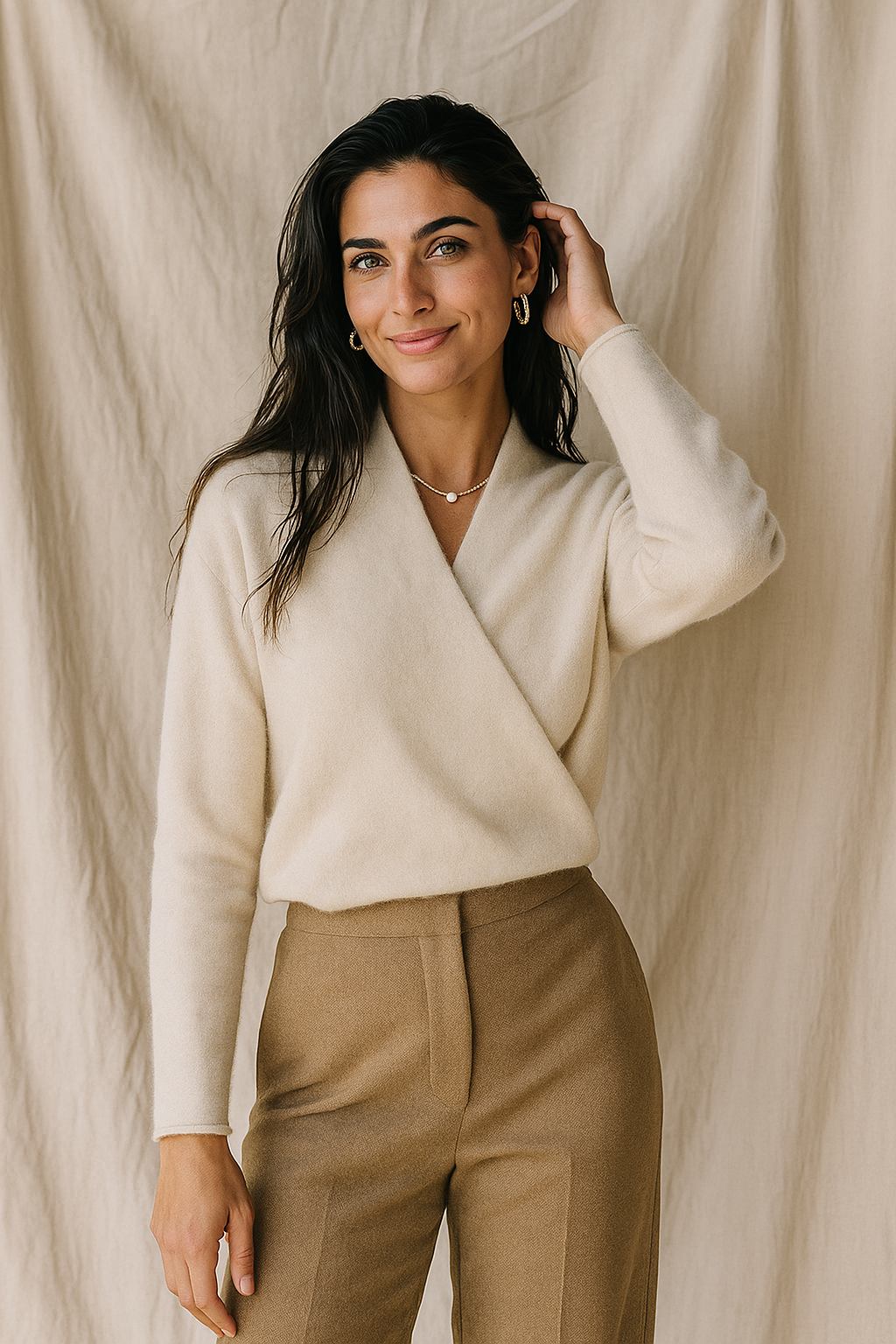 Women's Knit Wrap Sweater with V-Neck and Ribbed Hem