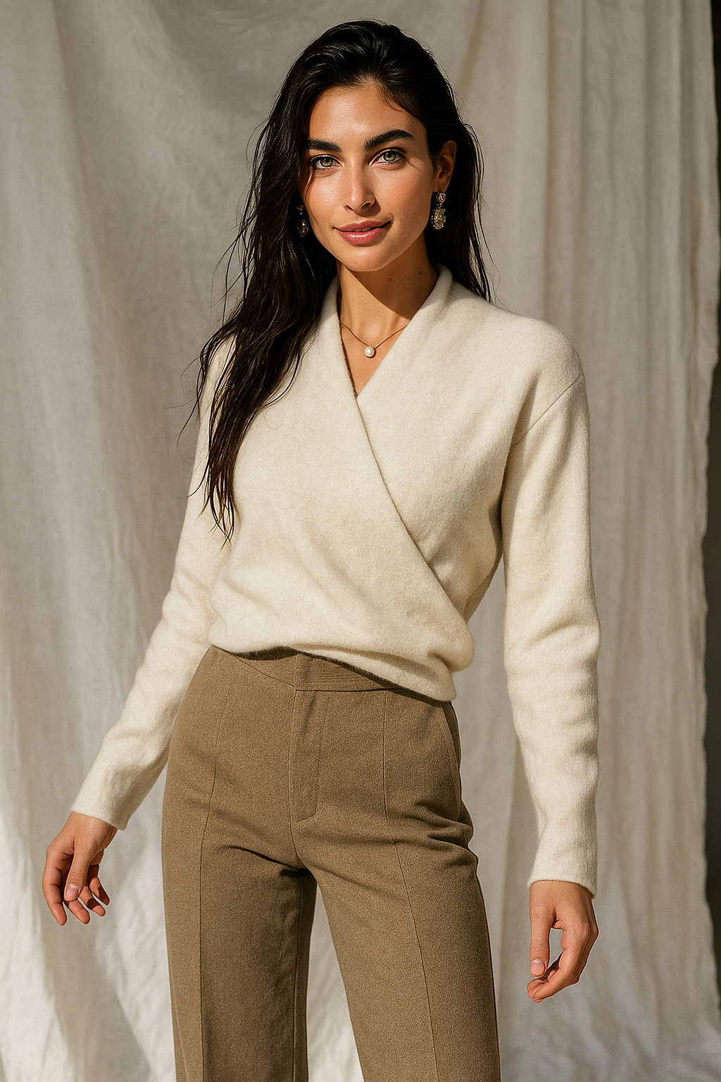 Women's Knit Wrap Sweater with V-Neck and Ribbed Hem